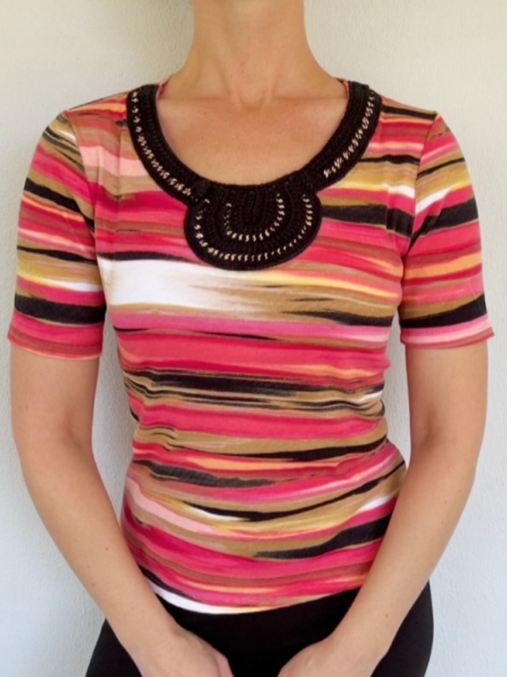 Rafaella pink stripe embroidered woven metallic chain neckline cotton tee PM